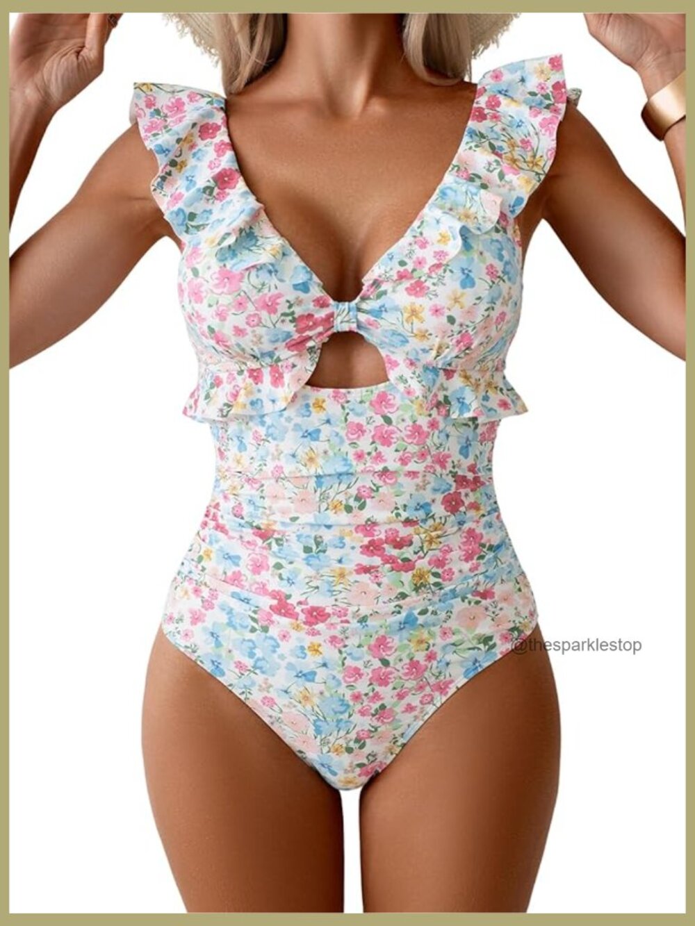 Tummy Control One Piece Swimsuit Ruched V Neck Ruffle Tie Back